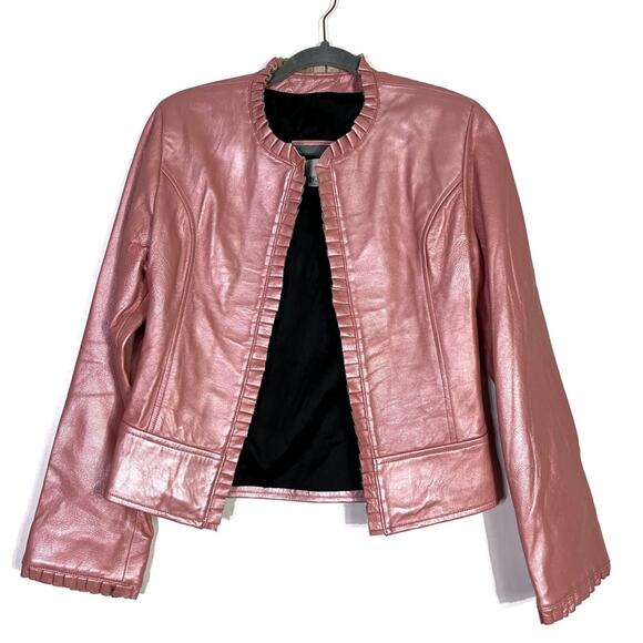 VTG Arella Leather and Sportswear Pink Coral Leather Open Front Jacket Small EUC - Picture 1 of 13